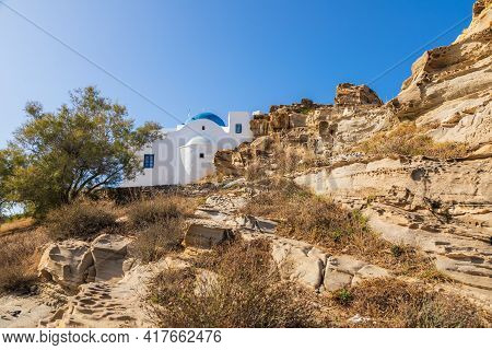View Of The Monastery Of Saint John Of Deti On Paros Island, Hill Near Monasteri Beach. Greece.