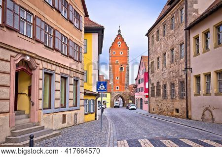 Historic Town Of Dinkelsbuhl Colorful Street And Tower Gate View, Romantic Road Of Bavaria Region Of