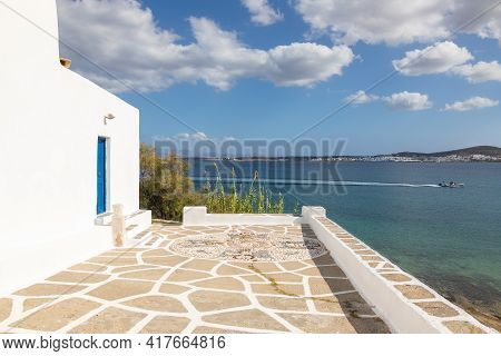 Paros Island, Greece - 27 September 2020: View Of The Monastery Of Saint John Of Deti On Paros Islan