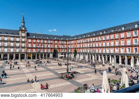 Madrid, Spain - April, 18 2021: People Enjoying In Restaurant Terraces In Plaza Mayor Square In Madr