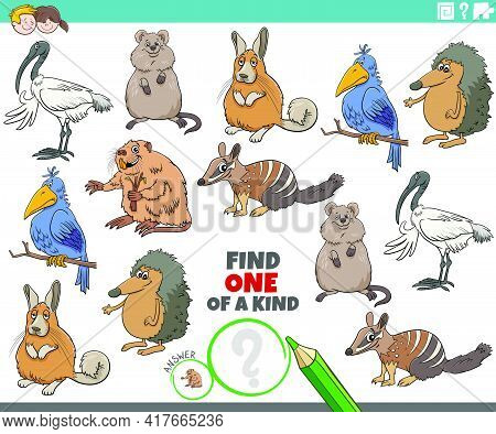 Cartoon Illustration Of Find One Of A Kind Picture Educational Game With Funny Animal Characters