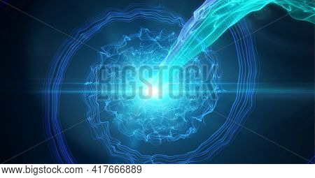 Composition of glowing blue light over blue light trails. global networking and digital interface concept digitally generated image.