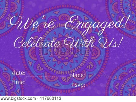 Invitation with we're engaged celebrate with us text with copy space over pattern on purple. celebration, correspondence and communication concept digitally generated image.