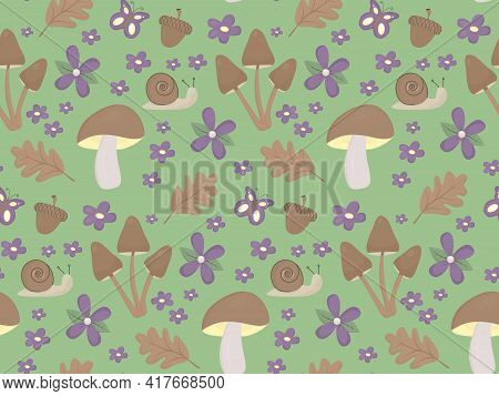 Cottagecore Aesthetic Background. Vector Seamless Pattern In Hand Drawn Style. Autumn Fall Summer Sp