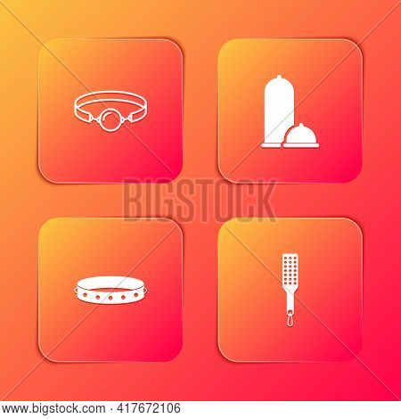 Set Silicone Ball Gag, Condoms Safe Sex, Leather Fetish Collar And Spanking Paddle Icon. Vector