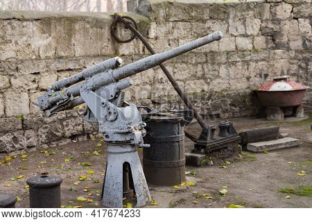 An Old Gun From A Submarine. Ship's Gun Of The 30s.