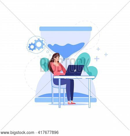 Vector Cartoon Flat Office Worker Character At Work, Hourglass Background.good Employee Works On Lap