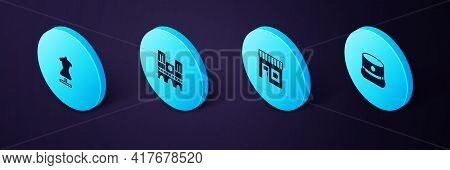 Set Isometric Kepi, Coffee Shop, Notre Dame And Mannequin Icon. Vector