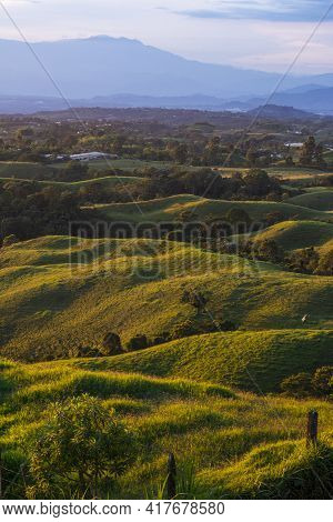 Panoramic View Of The Valley And Hills Of Filandia At The Golden Hour Of Sunset
