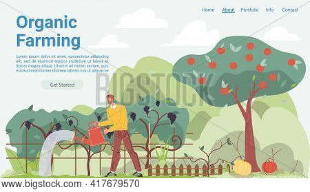 Vector Cartoon Flat Farmer Character Grows Plantings, Garden Worker Tending Fruits, Vegetables Crops