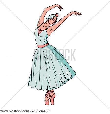 Colorful Dance Of A Ballerina. Ballerina In Pointe Shoes And A Rose Dress. For Design And Decoration