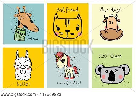 Collection Of Hipster Cartoon Character Animals Girrafe, Cat, Unicorn, Coala And Cow With Accessorie