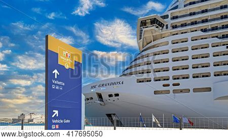 Valletta, Malta - March 25, 2021 : Luxury Cruise Ship Msc Grandiosa In The Port Valletta.