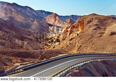 Magnificent highway runs through the Eilat Mountains. The highway connects the southernmost city of Israel to the center of the country. Landscape formations in the mountains around Eilat