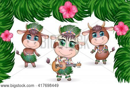 Tropical New Year 2021, Celebration. Group Of Cows And Bulls As Hula Dancers With Acoustic Ukulele G