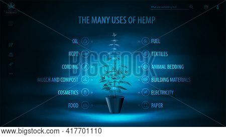 Many Uses Of Hemp, Dark And Blue Digital Poster With Dark Neon Scene, Infographic Of Uses Of Hemp An
