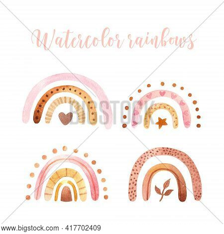 Abstract Kids Watercolor Raindow Set, Clipart With Boho Rainbows. Nursery Art Illustration In Trendy