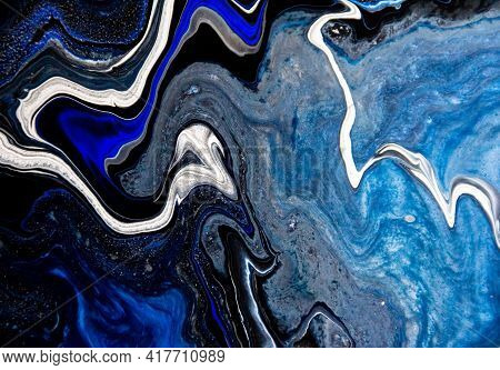 Sea Deep Inspired Abstract Marble Liquid Texture In Silver White Glitter, Indigo, Ultramarine And Bl