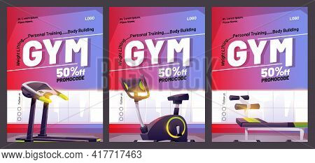 Gym Cartoon Poster With Treadmill. Promotional Flyer With Promocode For Weight Lifting, Body Buildin