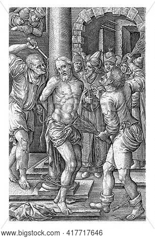 Christ dressed in a loincloth is tied to a pillar and flogged by two men, one with a rod, the other with a scourge.