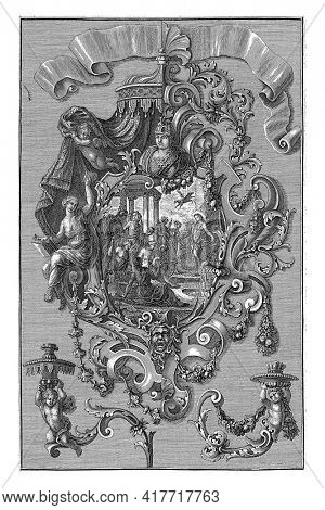 Cartouche of scroll with a variant for the right half, at the top left hangs a canopy, at the bottom of Medusa's head. At the bottom left and right are two wall arms