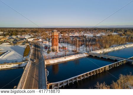 Manistique, MI, USA - Mar 5, 2021: Manistique city lies on the north shore of Lake Michigan at the mouth of the Manistique River. The city is named after the river.