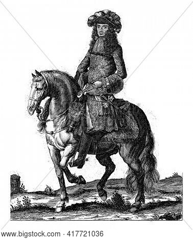 Portrait of Charles II, King of England, on horseback. At the bottom of the margin are name and position in English.