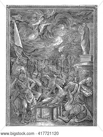 Saint Lawrence is on the grid. One man kindles the fire and another man brings wood. On the left a man poking Laurentius in the side with a long poker