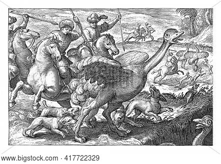 Landscape with in the foreground three horsemen with turban and spears and four dogs chasing an ostrich. One dog bites the ostrich's leg. In the foreground right the head of an ostrich