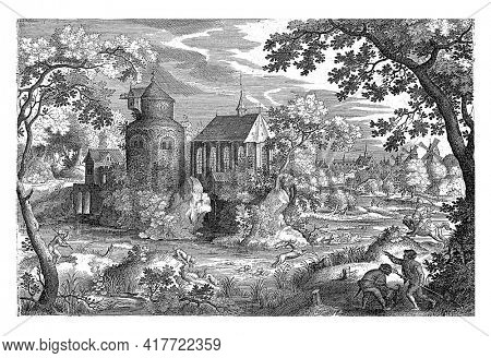In a wooded swamp near a village and a chapel, a number of men hunt a deer with their dogs.