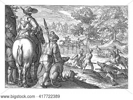Hilly landscape with hunters and horsemen with spears hunting wild boars. In the left foreground, a rider, two men with spears and a dog, seen from the back