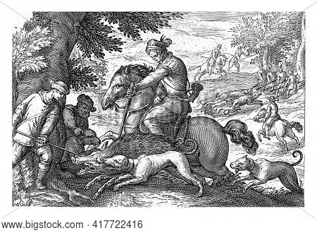 Landscape with a rider, two men and three dogs catching a wild boar in the foreground. In the background several hunters and horsemen with spears hunting wild boars