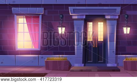 House Facade With Door And Window At Night. Home Entrance With Light From Lanterns On Brick Wall And