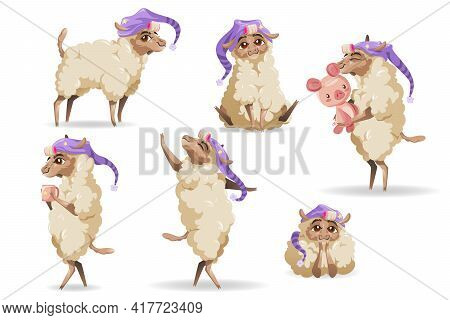 Cute Sheep Character In Sleeping Hat In Different Poses Isolated On White Background. Vector Set Of 