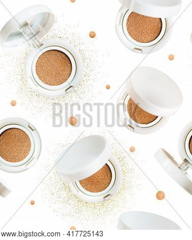 Seamless Pattern Of 5 Foundation Cushion Powder With Various Open Lids. Cosmetic Face Powder Isolate