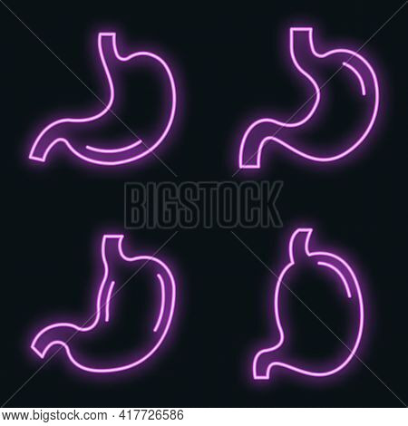 Stomach Icons Set. Outline Set Of Stomach Vector Icons Neon Color On Black