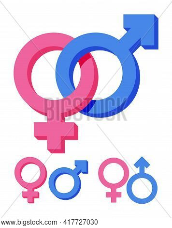 Pink And Blue Gender Symbol Isolated On White. Feminine And Masculine Signs. Male, Female, Boy, Girl