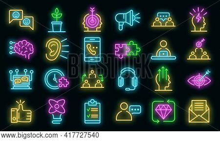 Crm Icons Set. Outline Set Of Crm Vector Icons Neon Color On Black