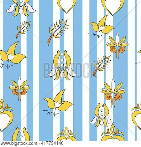 Vector Bright Blue Breton Stripes Background Brittany Celtic, Breton Trational Folklore Symbols Seam