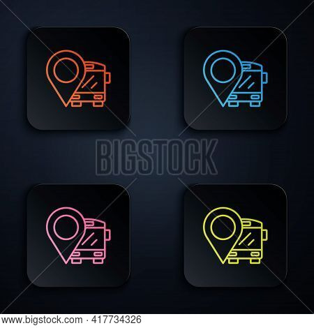Color Neon Line Location With Bus Icon Isolated On Black Background. Transportation Concept. Bus Tou