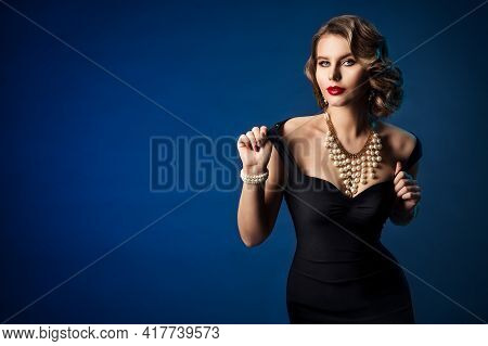 Retro Fashion Model, Old Fashioned Woman Beauty Portrait In Black Dress, Hairstyle Makeup Luxury Jew