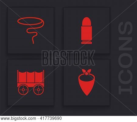 Set Cowboy Bandana, Lasso, Bullet And Wild West Covered Wagon Icon. Vector
