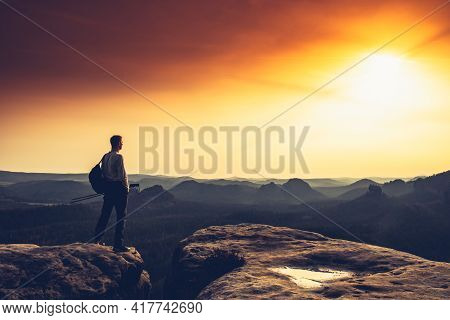 Kleiner Winterberg Daybreak View. Unique Sandstone Cliffs And Deep Misty Valley In Saxony Switzerlan