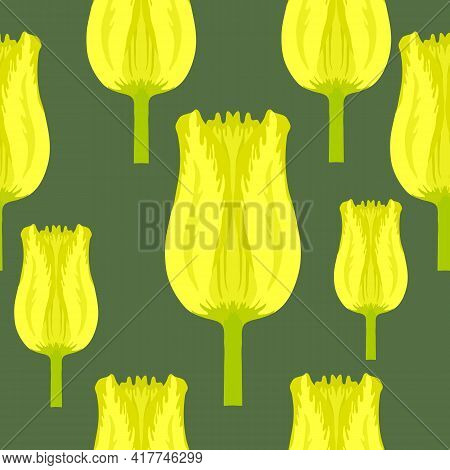Seamless Pattern With Varietal Vibrant Greenish Yellow Tulips. Tulips Colorful Heads On The Dark Gre