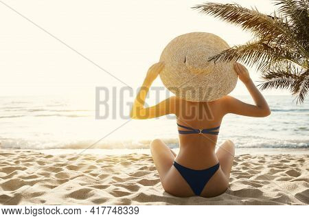Woman Bikini Tropical Beach Back View. Beauty Model Girl In Sumer Hat Sun Tanning Under Palm. Summer