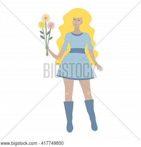 Blond Spring Girl With Flowers. Spring Girl In A Blue Dress Holding Flowers. Vector Illustration In 