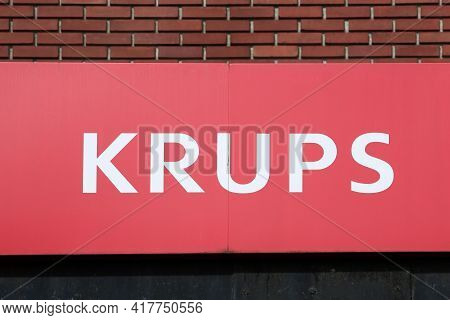 Tournus, France - July 5, 2020: Krups Logo On A Wall. Krups Is A German Kitchen Appliance Manufactur