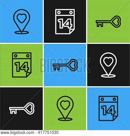 Set Line Location With Heart, Key In Shape And Calendar February 14 Icon. Vector