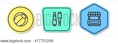 Set Line Beach Ball, Bowling Pin And Fast Street Food Cart. Colored Shapes. Vector