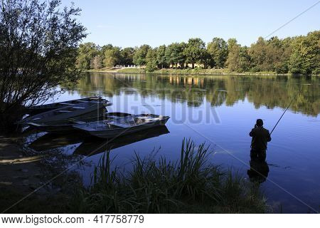 Castano Primo (mi), Italy - June 05, 2017: Fisherman Near Ticino River, Castano Primo, Lombardy, Ita